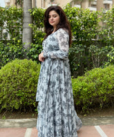 Grey Printed Chiffon Anarkali With Dupatta| Heavy Flare
